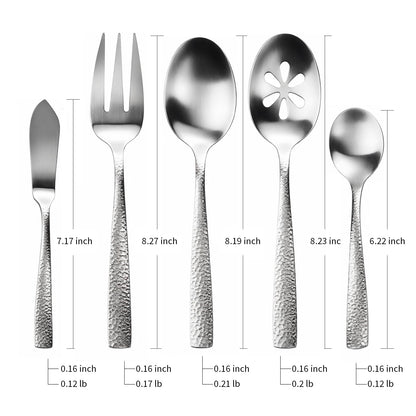 Kelenfer Stainless Steel Silverware Serving Set Hammered Silver Matte Finished 5 Piece Serving Utensil Set Flatware Set