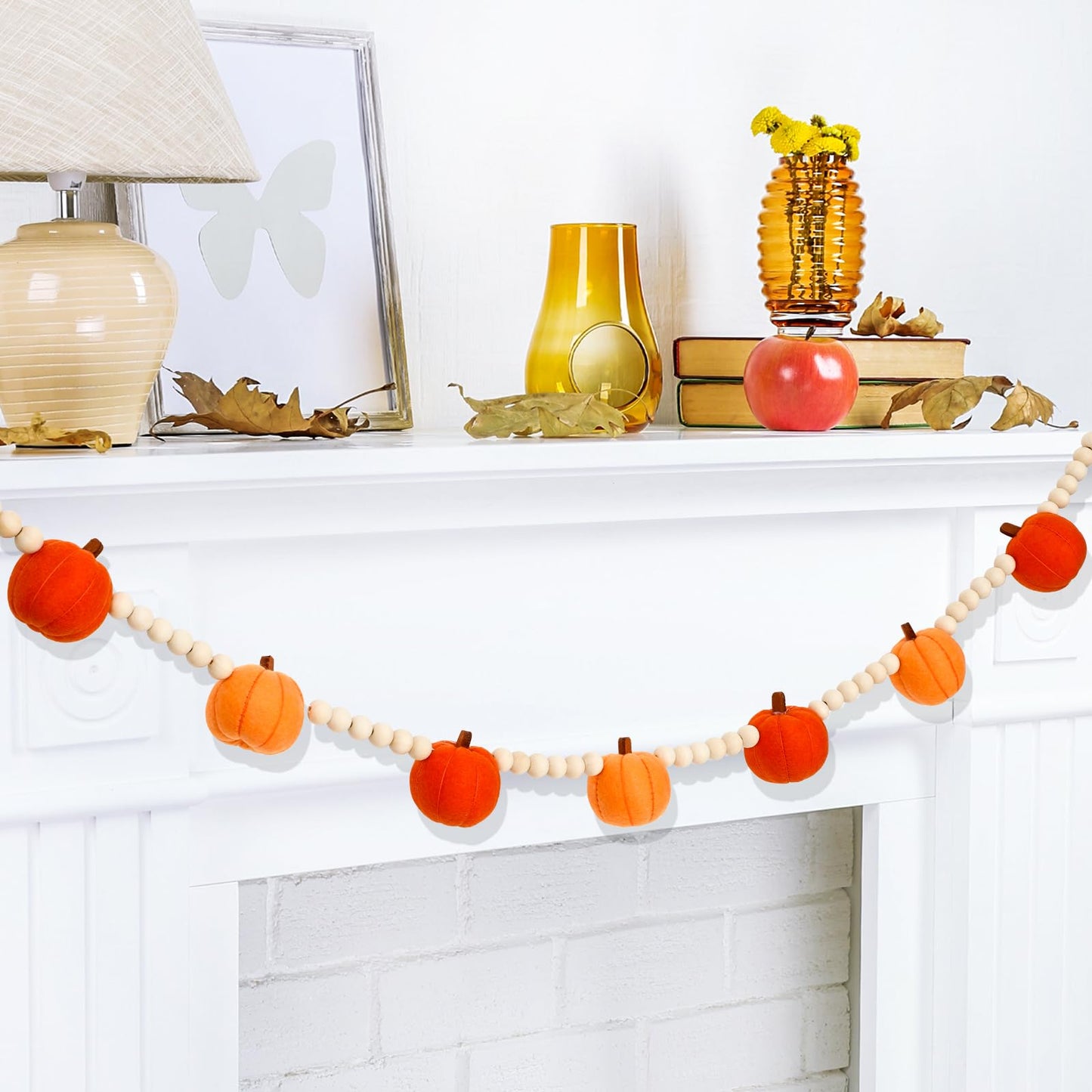 JarThenaAMCS Fall Felt Pumpkin Garland 8.2FT Wood Bead Garland with 3D Pumpkin Autumn Hanging Banner for Thanksgiving Home Wall Fireplace Decor