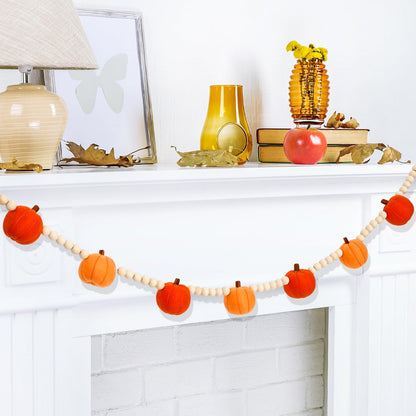 JarThenaAMCS Fall Felt Pumpkin Garland 8.2FT Wood Bead Garland with 3D Pumpkin Autumn Hanging Banner for Thanksgiving Home Wall Fireplace Decor