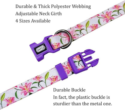 Dog Collar Leash Set, Floral Pattern, Polyester Material, Adjustable Collar and 5ft Matchcing Leash, for Large Dogs.(L, Purple Lily)