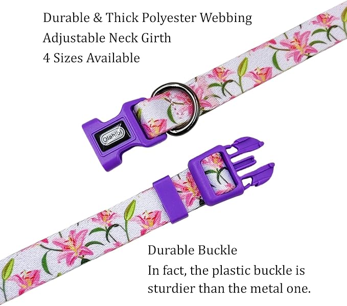 Dog Collar Leash Set, Floral Pattern, Polyester Material, Adjustable Collar and 5ft Matchcing Leash, for Small Dogs.(S, Purple Lily)