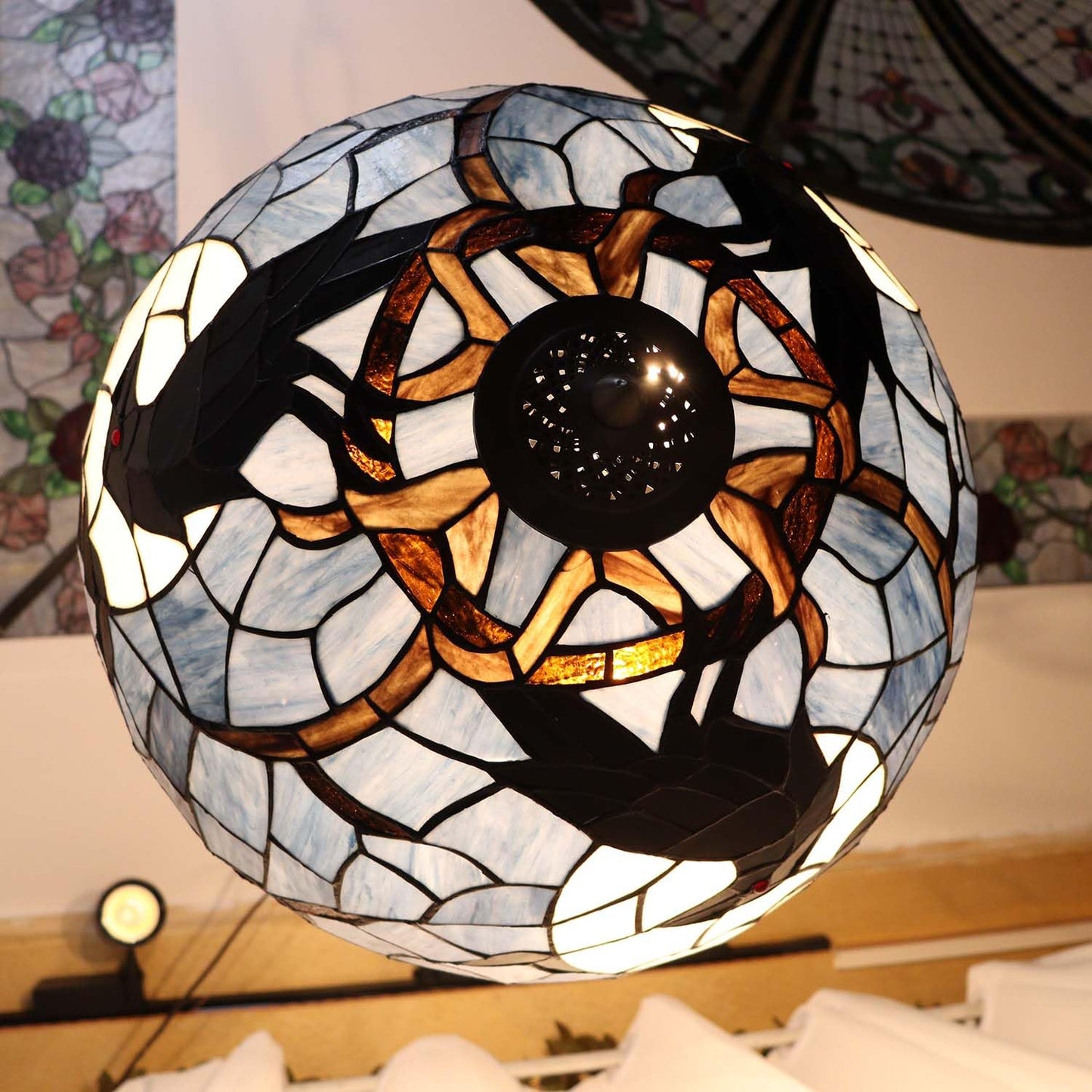 Bieye L12006 Tiffany-Style Stained Glass Raven Ceiling Pendant Light, 3-Light Hanging Ceiling Fixture with Adjustable Chains (Dark Blue, 20 inches Wide)