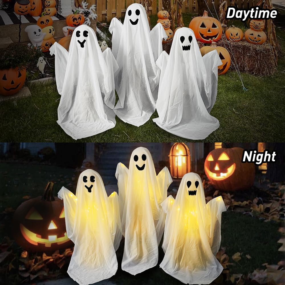 3 Pack Halloween Ghosts Decorations Outdoor,White Cloth Ghosts Stakes with Incandescent Light, Holiday Party Home Haunted House Yard Art, Front Yard Patio Lawn Garden Decor