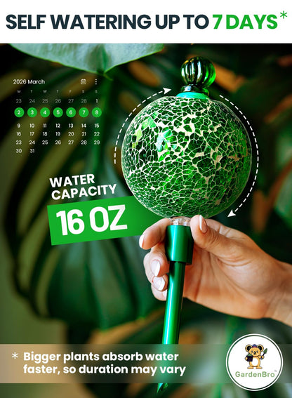 16 Oz Plant Watering Globes for Indoor Plants with Metal Self Watering Planter Insert - Premium XL Glass Hand-Blown Globe - Automatic Plant Waterer Indoor, Gift Idea for Gardeners [1 Globe, Mosaic]