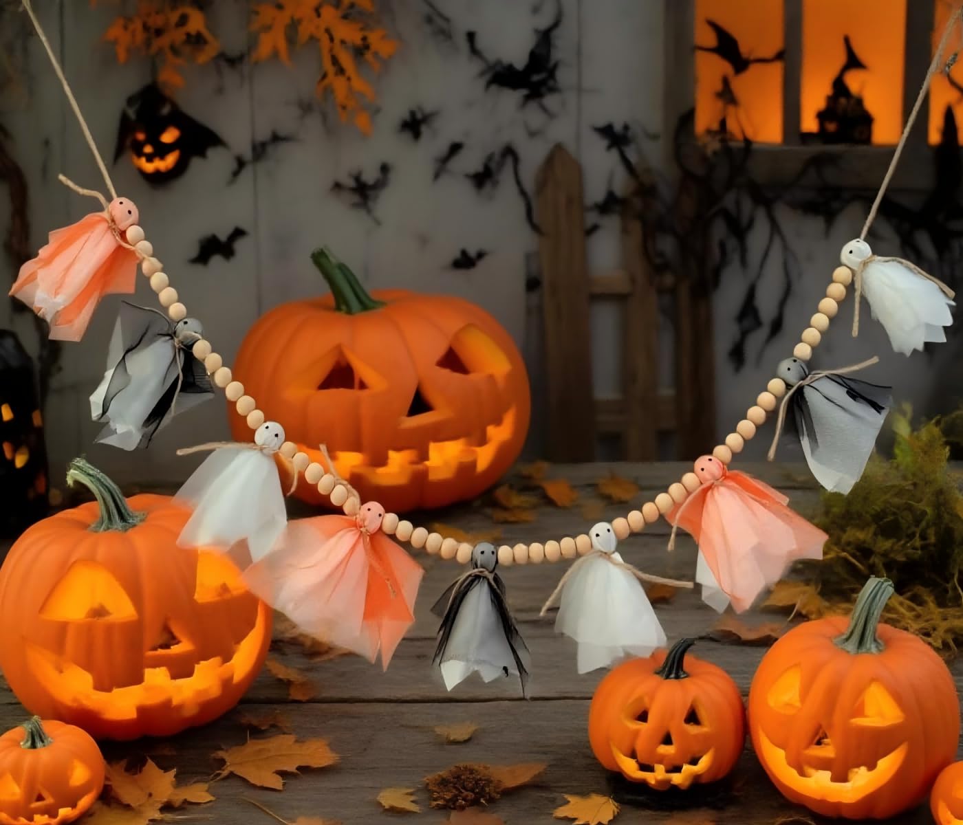 Halloween Garland,Cute Ghost with Wooden Beads Garlands, Handmade Rustic Halloween Banner for Wall Home Indoor Outdoor Home Mantel Decor Supplies, White,Black,Orange (White Black Orange Ghost)