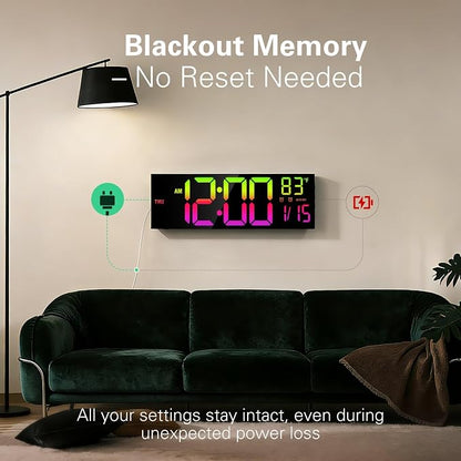 JALL 16" Large Digital Wall Mount Clock, Count Down Timer, Alarm, Big LED, RGB Color, DST, Temperature for Living Room Classroom Desk, Xmas, Birthday Gift for Senior Mom Dad (Black, 16 inches)