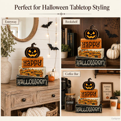 4 Pcs Halloween Tiered Tray Decor, Farmhouse Rustic Wooden Block Signs with Scary Jack-O-Lantern, Happy Halloween Pumpkin Tabletop Centerpiece for Home Kitchen Mantel Shelf
