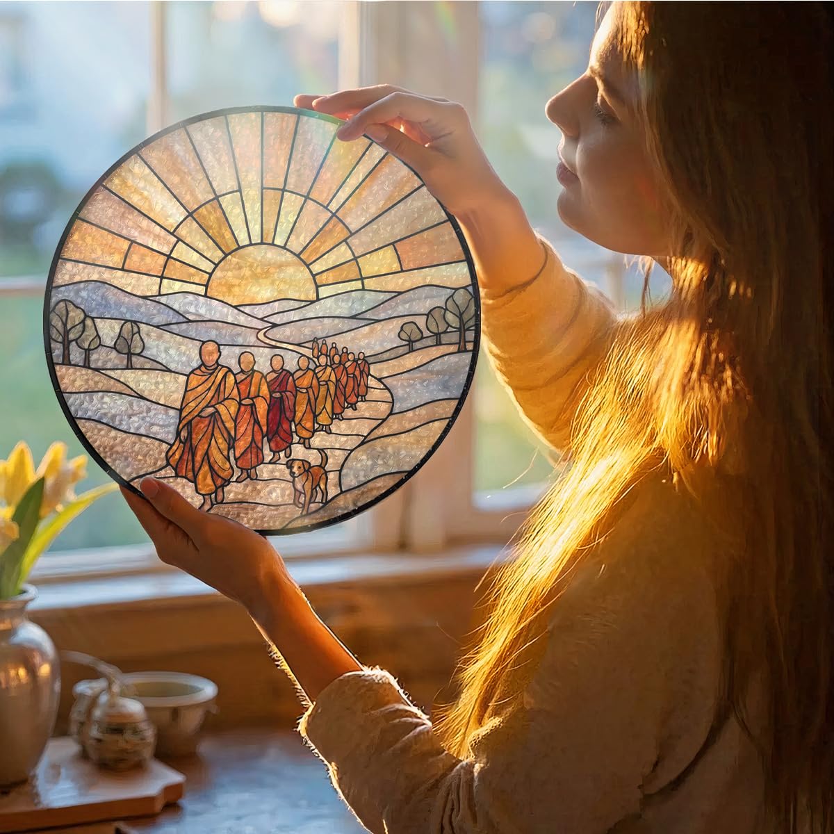 Stained Glass Window Hanging, Walk for Peace Monks with Aloka in Faux Stained Glass Landscape Panel Sun Catchers Decor for Birthday for Women, Men, Wife, Aunt, and Mom 7.87 in