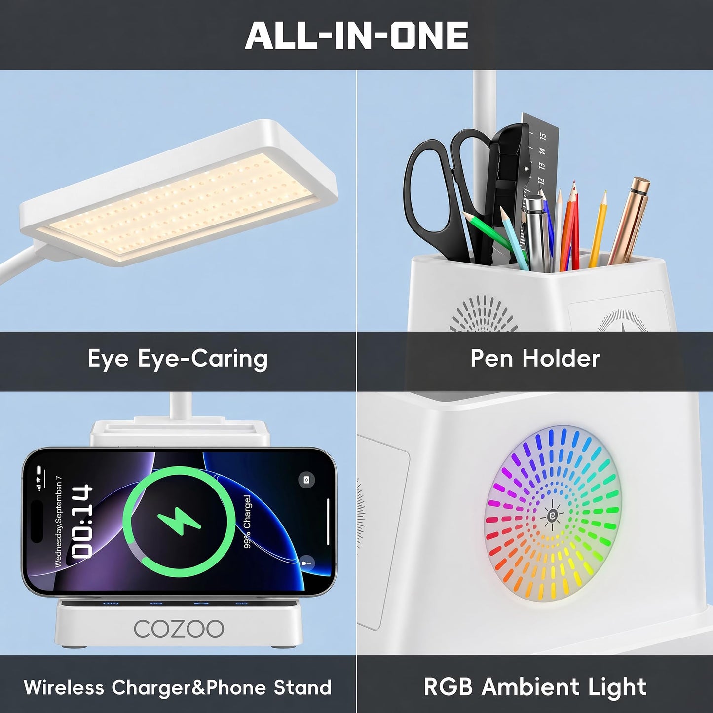 cozoo Desk Lamp, LED Desk Lamps for Home Office with 15W Wireless Charger/Organizer,Desk Lamp for College Dorm Eye-Caring Study Light,Gooseneck Table Lamp with Pen Holders/Storage,12 Lighting Modes