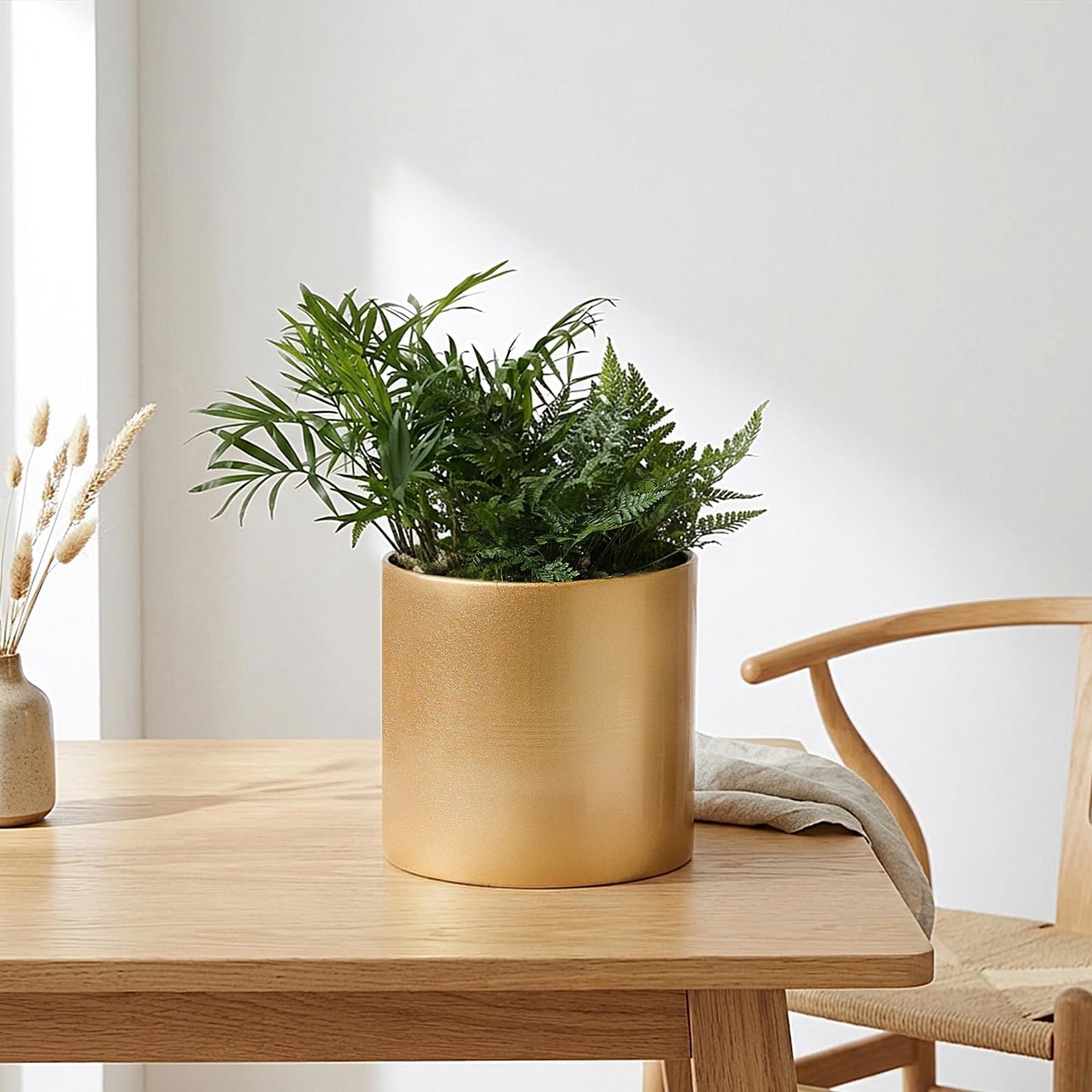 Rioneta Gold Metal Plant Pot with Drainage Hole,7 Inch Mid Century Modern Small Pot Indoor Outdoor Planters for Succulents, Flowers & Home Decor Gift Window Living Room Bedroom