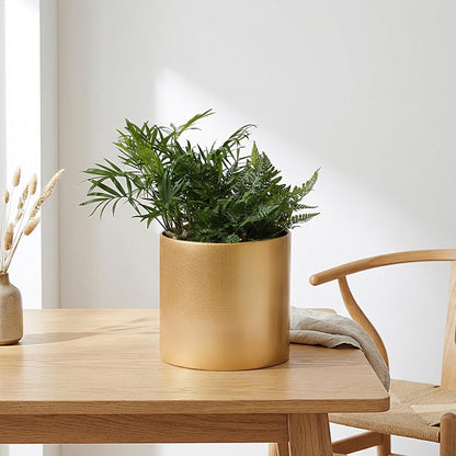 Rioneta Gold Metal Plant Pot with Drainage Hole,7 Inch Mid Century Modern Small Pot Indoor Outdoor Planters for Succulents, Flowers & Home Decor Gift Window Living Room Bedroom