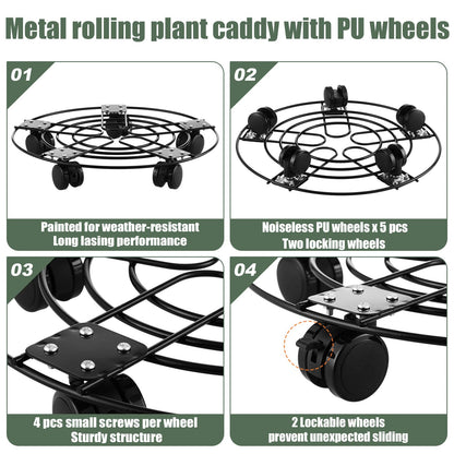5 Packs 13.5" Large Metal Plant Caddy with Wheels Iron Rolling Plant Stands Heavy-duty Plant Roller Base Pot Movers Indoor Outdoor Plant Dolly with 5 Casters Plant Trolley Coaster Holder