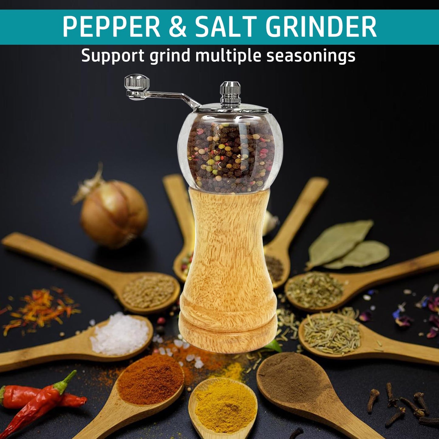 VEIZIBEE Salt and Pepper Grinder Set Hand Crank Salt and Pepper Mill Classical Wooden Salt Grinder Manual Acrylic Pepper Shaker with Adjustable Coarseness for Home Kitchen (Burlywood 1pcs-6in)
