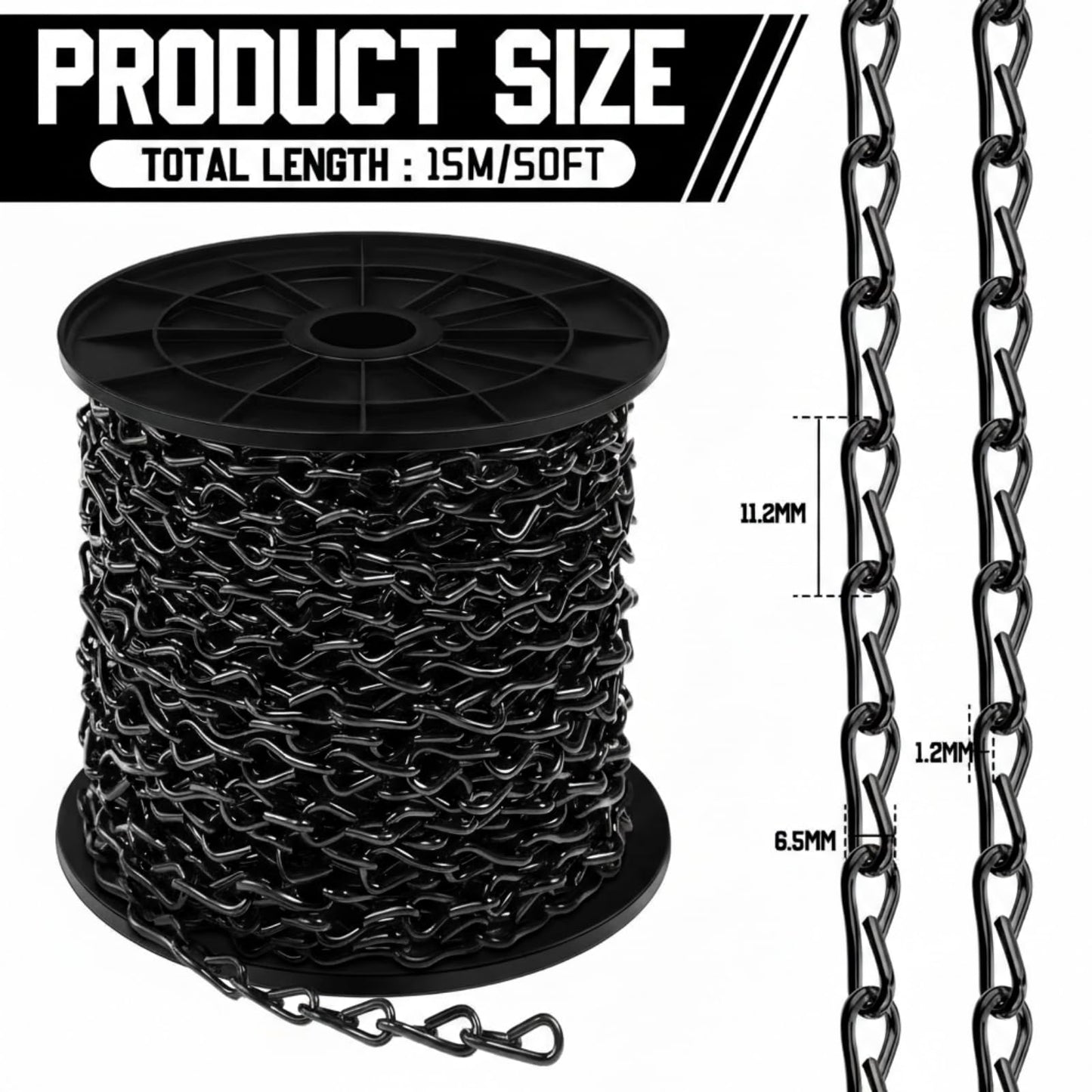 Yaocom 50ft Black Jack Chain with 10 pcs S Hooks Galvanized Steel Twist Chain with Spool-Weldless for Hanging Fixture, Bird Feeders, Overhead Lights, Artworks, Flowerpots (1.2mm)