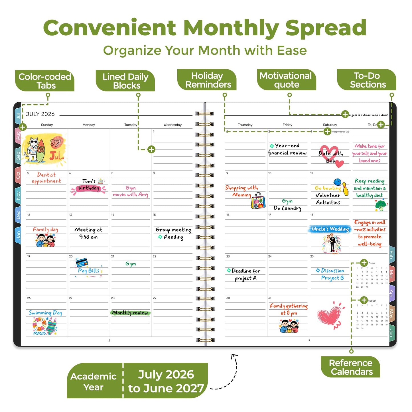 Vinspire 2026 Planner - Yearly, Monthly, and Weekly Planner 2026-2027 for Teachers & Students - Spiral US Academic Year Student Calendar Planners with Notes Pages 2026 Planner Weekly and Monthly - Large (Black, 8.5"×11")