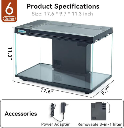 17.6x9.7x11.3 in Fish Tank Kit Complete with Real-Time Temp Display, 3-Speed Water Pump, Smart Storage, Flexible Filter & 6 Color Lights Ideal Aquarium for Betta Fish & Goldfish