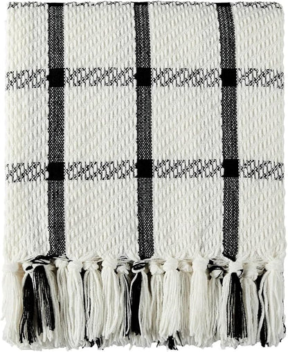 CREVENT 60"X80" Farmhouse Breathable Soft and Warm Chenille Plaid Throw Blanket for Sofa Couch Bed, Home Decoration Throw with Tassles (Black & White)