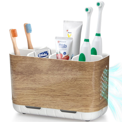 Boperzi Toothbrush and Toothpaste Holder Wood Grain for Bathroom Countertop with Adjustable Dividers, Toothpaste Caddy Organizer Storage Rustic Decor Set Freestanding Anti-Slip for Shower,Family,Kids