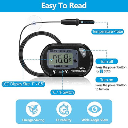 DaToo Aquarium Thermometer with Large LCD Display Fahrenheit/Celsius(℉/℃) Fish Tank Thermometer for Aquarium Reptile Terrarium Digital Water Thermometer with Suction Cup