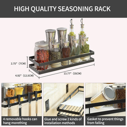 PINNIYOU Spice Rack Organizer Wall Mount, 14" Hanging Black Spice Organizer Shelf, 2 Pack Farmhouse Seasoning Organizer, Spice Shelves Holder for Kitchen, Flexible Bathroom Organizer
