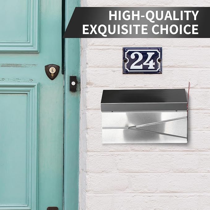 Ydocabinit Wall Mount Mailbox, Large Capacity Mailbox for House, with Flag Kit, Galvanized Steel Rust-Proof Metal Post Drop Box, Mailboxes for Outside, 15.74"×9.84"×4.33", Silver Modern Sleek Style