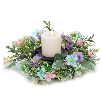 MOYEE Summer Centerpieces for Tables Wreath with Candle Holder,Candle Ring, Black Metal Candlestick with an Artificial Wreaths 14 in Versatile Dining Table Centrepiece (Blue and Purple Flower Wreath)