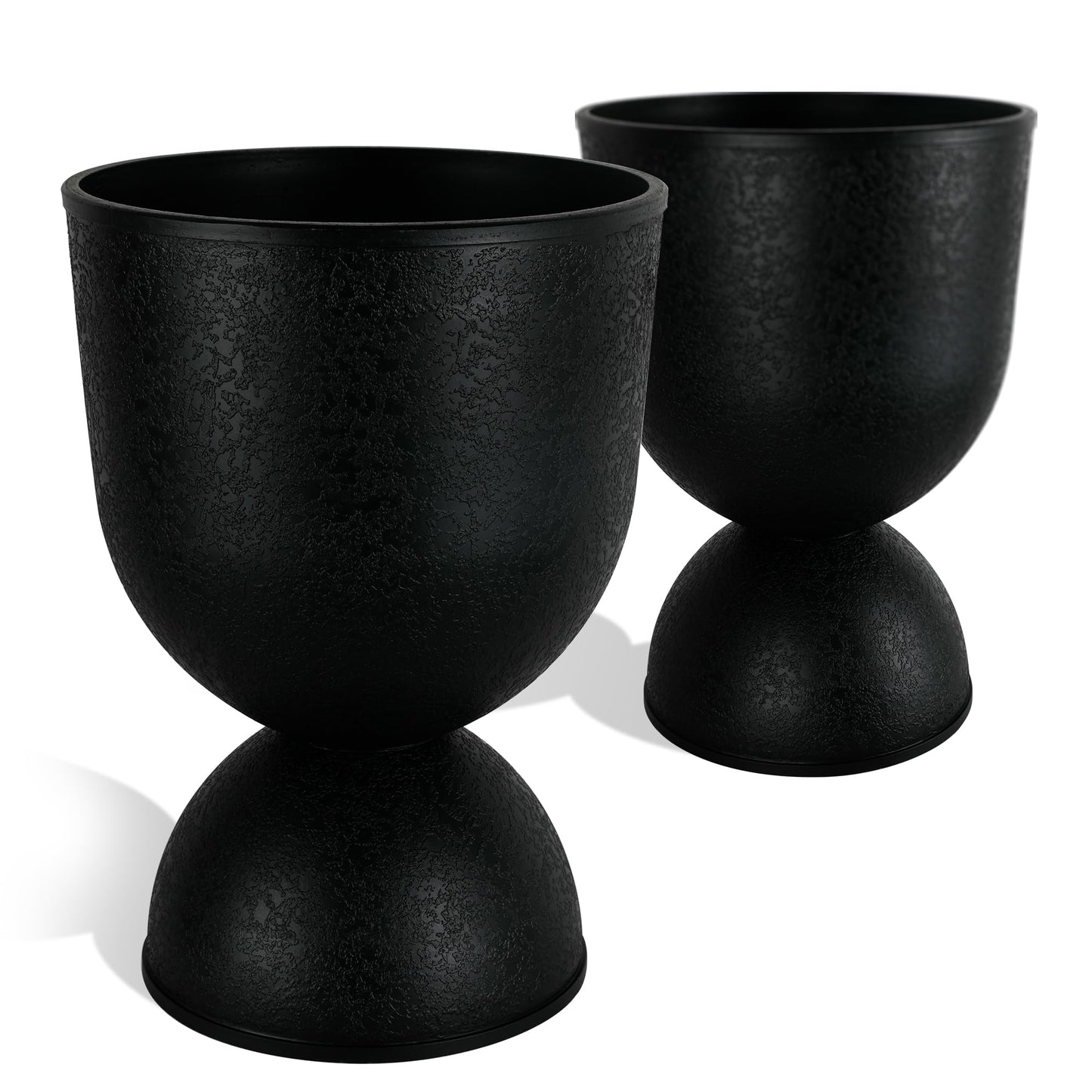 KOL Planters Flower Pots, Plastic Urn Planters for Indoor Outdoor Plants, Black Pedestal Planter Pots 2 Pack, 15 Inch Tall Decorative Planters with Drainage Holes & Plugs for Front Porch Patio Garden