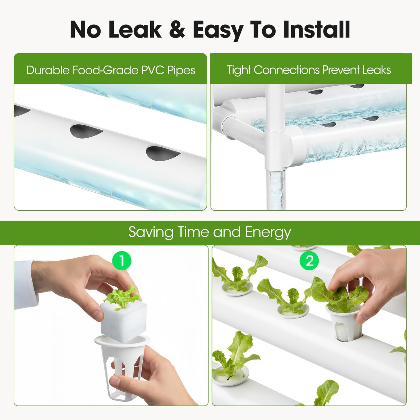Hydroponics Growing System Kit with Wheels, 54 Plant Sites Gardening Aquaponics Tower, 2-Tier Food-Grade PVC-U Pipes Water Pump Timer for Leafy Vegetables, Indoor, Outdoor (33"x35"x14" in 54 Holes)