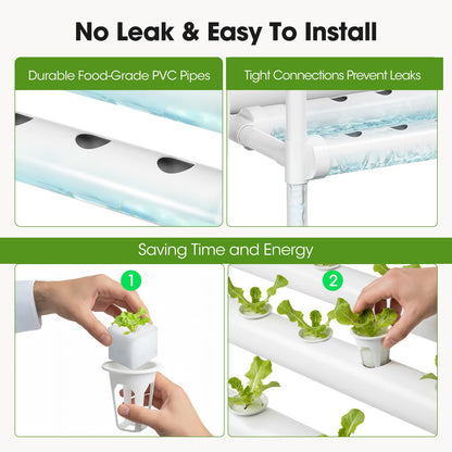 Hydroponics Growing System Kit with Wheels, 54 Plant Sites Gardening Aquaponics Tower, 2-Tier Food-Grade PVC-U Pipes Water Pump Timer for Leafy Vegetables, Indoor, Outdoor (33"x35"x14" in 54 Holes)