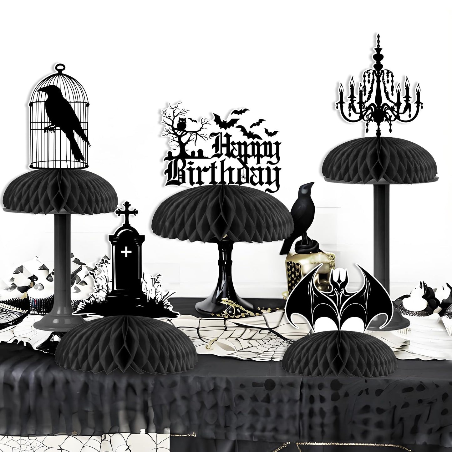 Cheereveal 8Pcs Black Gothic Birthday Honeycomb Centerpieces, Goth Table Decorations, Death to My 20s 30s Decorations, Halloween Gothic Funeral Bat Theme 20th 30th 40th Birthday Party Supplies