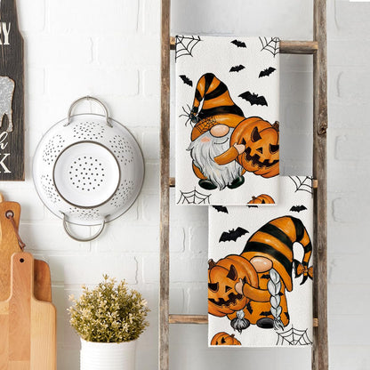 Artoid Mode Pumpkin Gnome Halloween Kitchen Towels Dish Towels, 18x26 Inch Bats Spider Web Jack-O'-Lantern Decoration Hand Towels Set of 2
