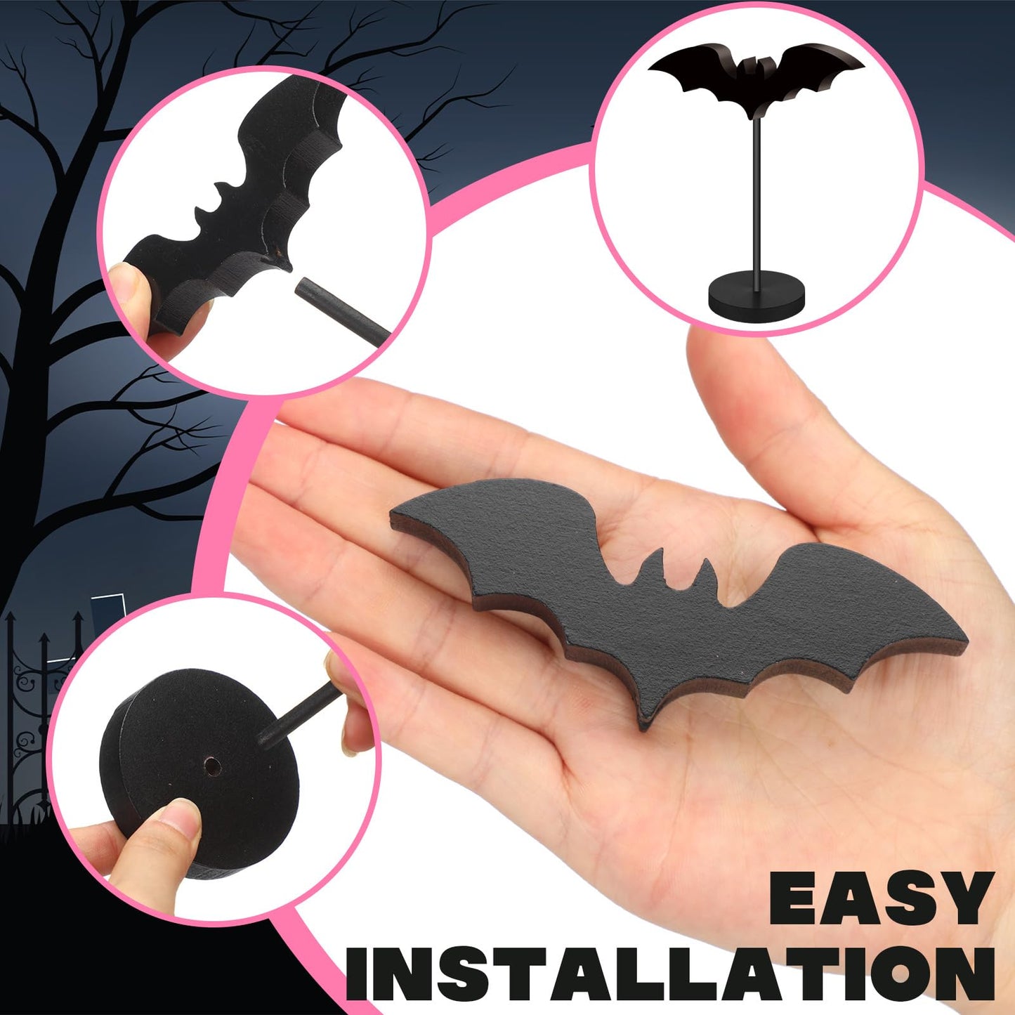 Geetery 6 Pieces Halloween Table Decorations Tall Standing Bat Decor Wood Sign Block Wooden Bats Centerpieces Rustic Tabletop Home Table Topper Sign for Halloween Party Favor Home Room Decor (Pink)