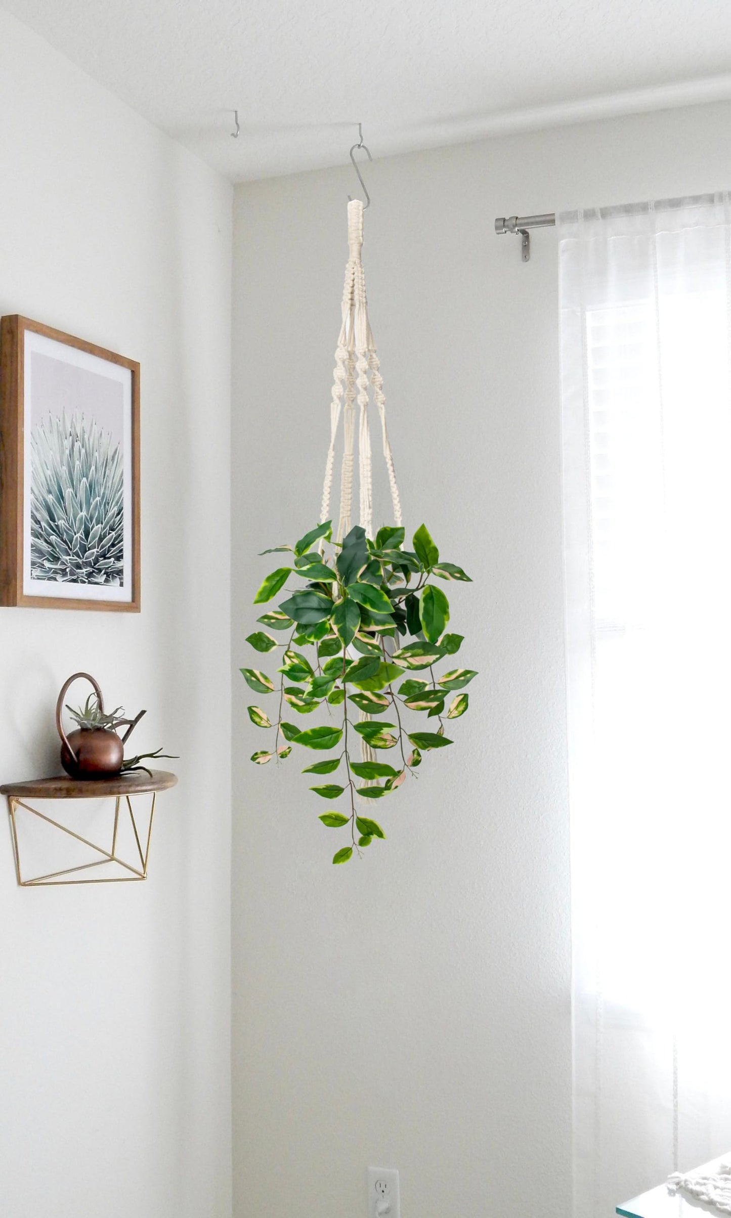 Briful Artificial Hanging Plant Indoor, Macrame Plant Hanger with Fake Pothos Plant in White Pot, Faux Hanging Plant for Home Ceiling Farmhouse Kitchen Decor