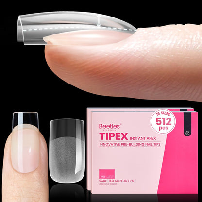 Beetles Tipex Gel Nail Kit, Medium Almond Nail Tips 224 Pcs 16 Sizes Pre-Building Pre-Etched Thick Acrylic Tips with Tipex Glue, Mini Lamp