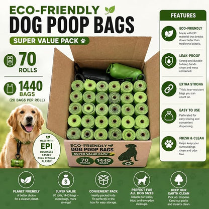 Doggy Poop Bags Biodegradable with Dispenser (1440 Bags) Eco-friendly Dog Waste Pickup Bags Landfill-friendly Refill Rolls Cat Waste Bags (Green, 72 Rolls, Lavender Scented)