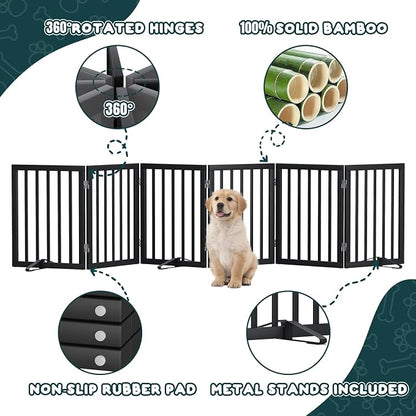 Semiocthome Wood Dog Gates for The House Extra Wide, 6-Panel Freestanding Pet Gates with 4PCS Metal Stands for Doorways and Stairs, 24" H Foldable Dog Fences Indoor, Expands Up to 110" (W)- Black
