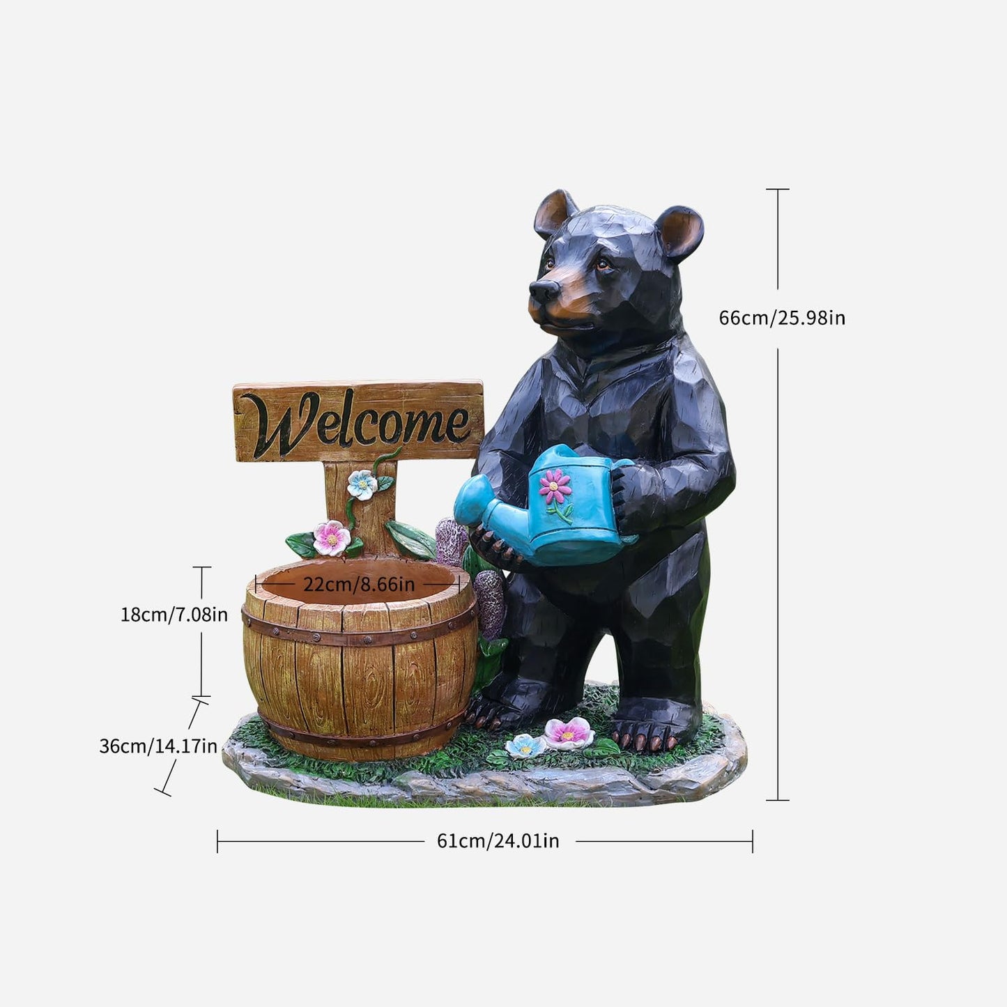 elesculor Black Bear Garden Statue Planter with Welcome Sign & Watering Can, Resin Outdoor Flower Pot, Decorative Animal Planter for Patio, Yard, Lawn, Cabin Decor