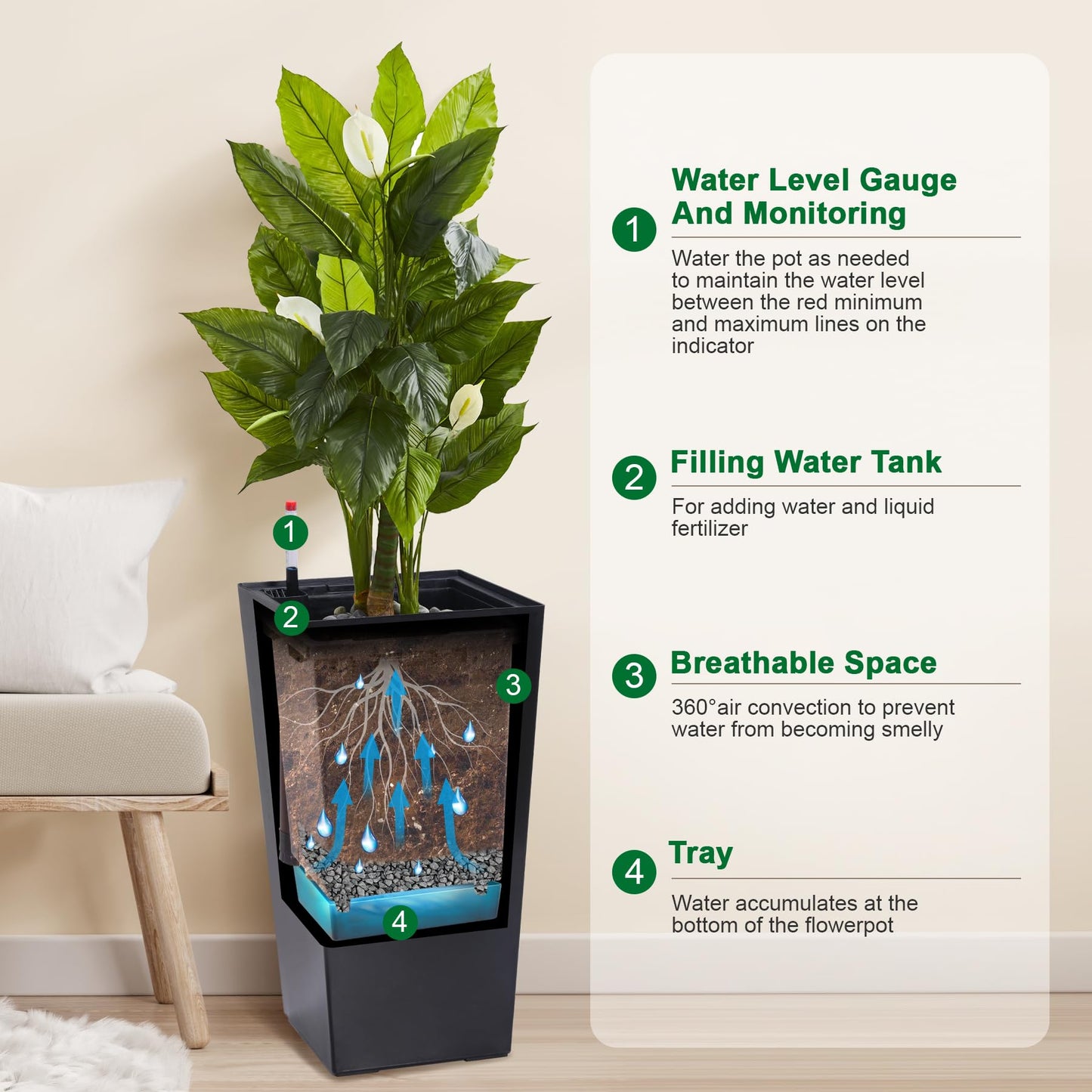 22 Inch Tall Planters Set of 2, Self-Watering Large Outdoor Indoor Planter Pots with Drainage Holes & Water Level Monitor, Planters with Inner Bucket and Movable Wheels for Patio, Front Porch, Garden
