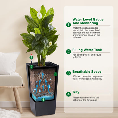 GarveeLife 22.5 in Tall Planters Set of 2, Outdoor＆Indoor Black Planter Pots, High Front Porch Planter Pots with Drainage Holes＆Water Level Monitor＆Inner Bucket, Automatic Watering, Black