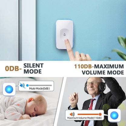 Wireless Doorbell 1200 Feet Battery Operated Wireless Doorbells for Home Hearing Impaired Doorbell at with 36 Melodies 4 Volume light（1 Button & 1 Portable doorbell White)