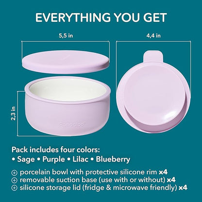 Pandaloo Porcelain Kids Bowls with Removable Silicone Sleeve & Lid – Strong Suction Base, Microwave & Dishwasher Safe, Toddler-Proof, Non-Slip Ceramic Feeding Bowls for Babies & Toddlers (Set of 4)