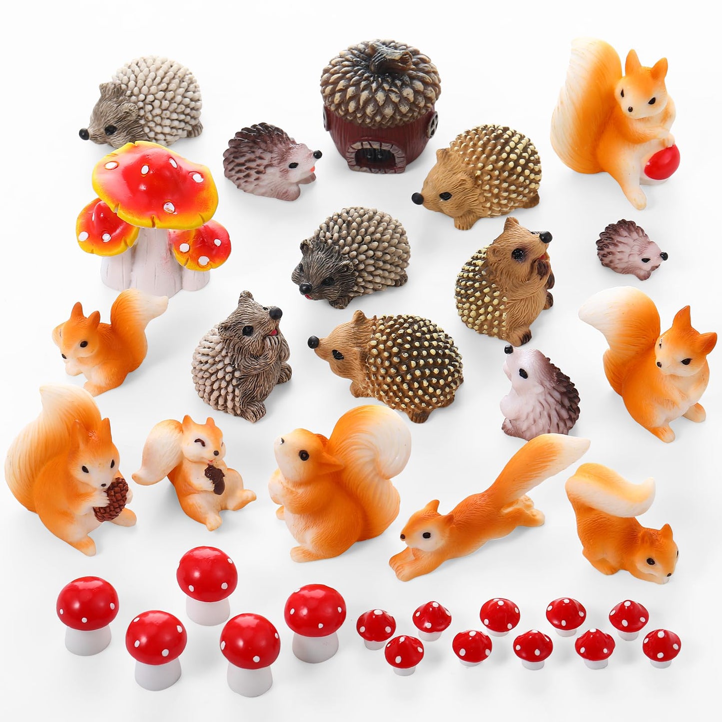 GGSTDDUP Fairy Garden Accessories, 34 Pieces Resin Squirrel Figures Miniature Garden Ornaments Hedgehog Mushroom Animal Kit for Outdoor DIY Terrarium Potted Plants Dollhouse Desk Decor