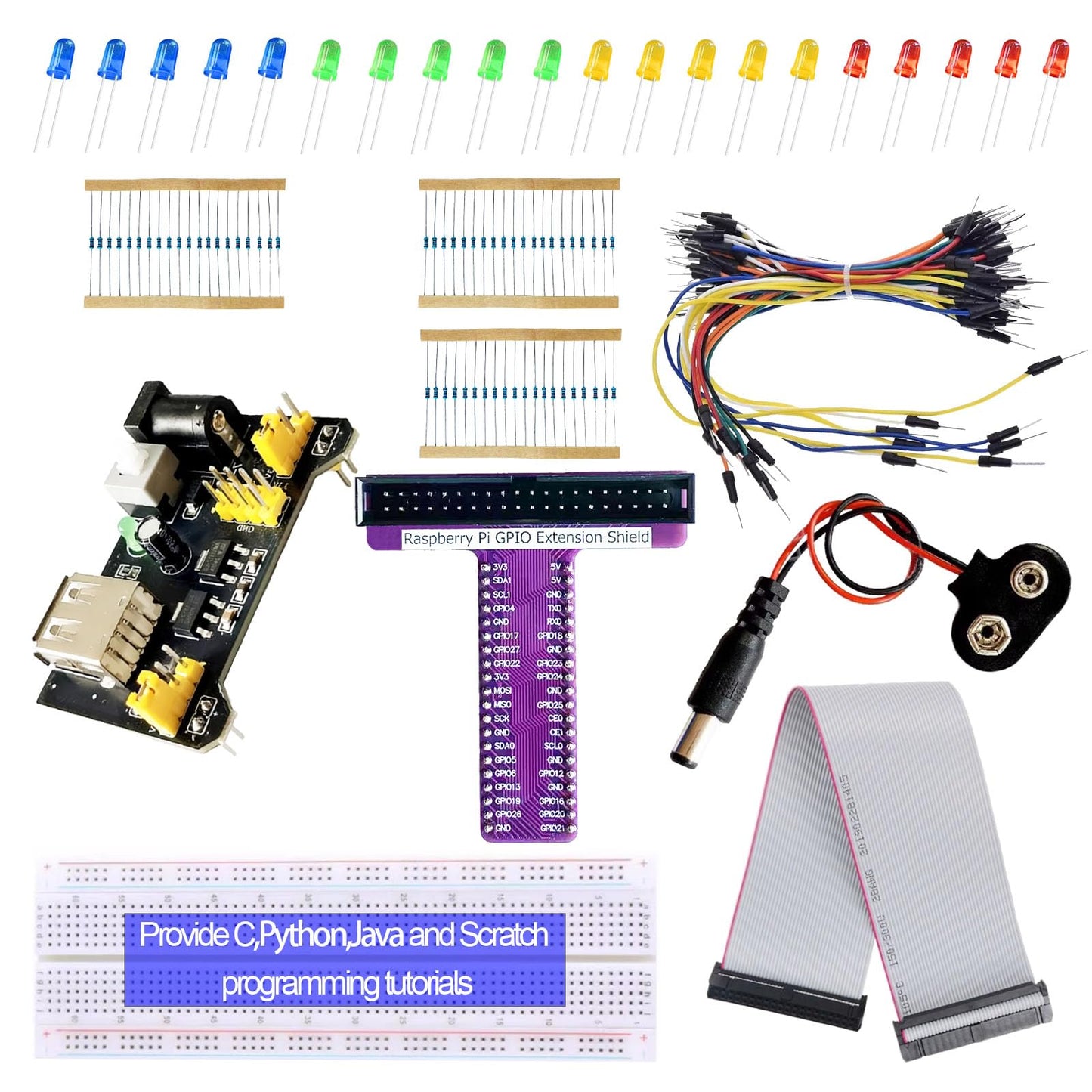 RPi GPIO Breakout Expansion Kit for Raspberry Pi 4B 3B+ 3B 2B B+ with 830 Tie Points Solderless Breadboard, 40pin GPIO Flat Ribbon Cable, 65pcs Jumper Wire (Without RPi Board)