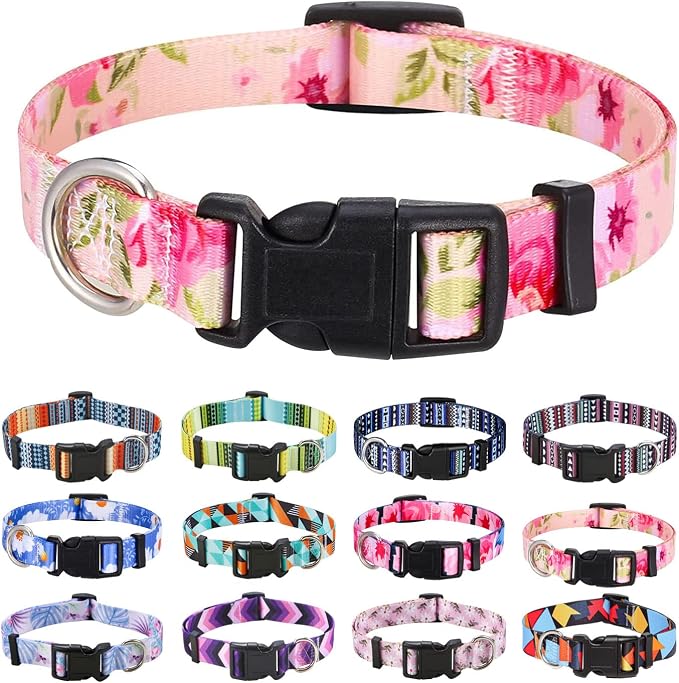 Mihqy Dog Collar with Bohemia Floral Tribal Geometric Patterns - Soft Ethnic Style Collar Adjustable for Small Medium Large Dogs (Pink Rose,XS)