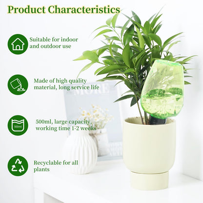 GEWOSI 6pcs Plant Self Watering Globes, Plastic Water Bulbs Top Fill, 12.3 oz Plant Watering Devices System Slow Release Terracotta, Water Spikes Stakes for Indoor (Green-6pack)