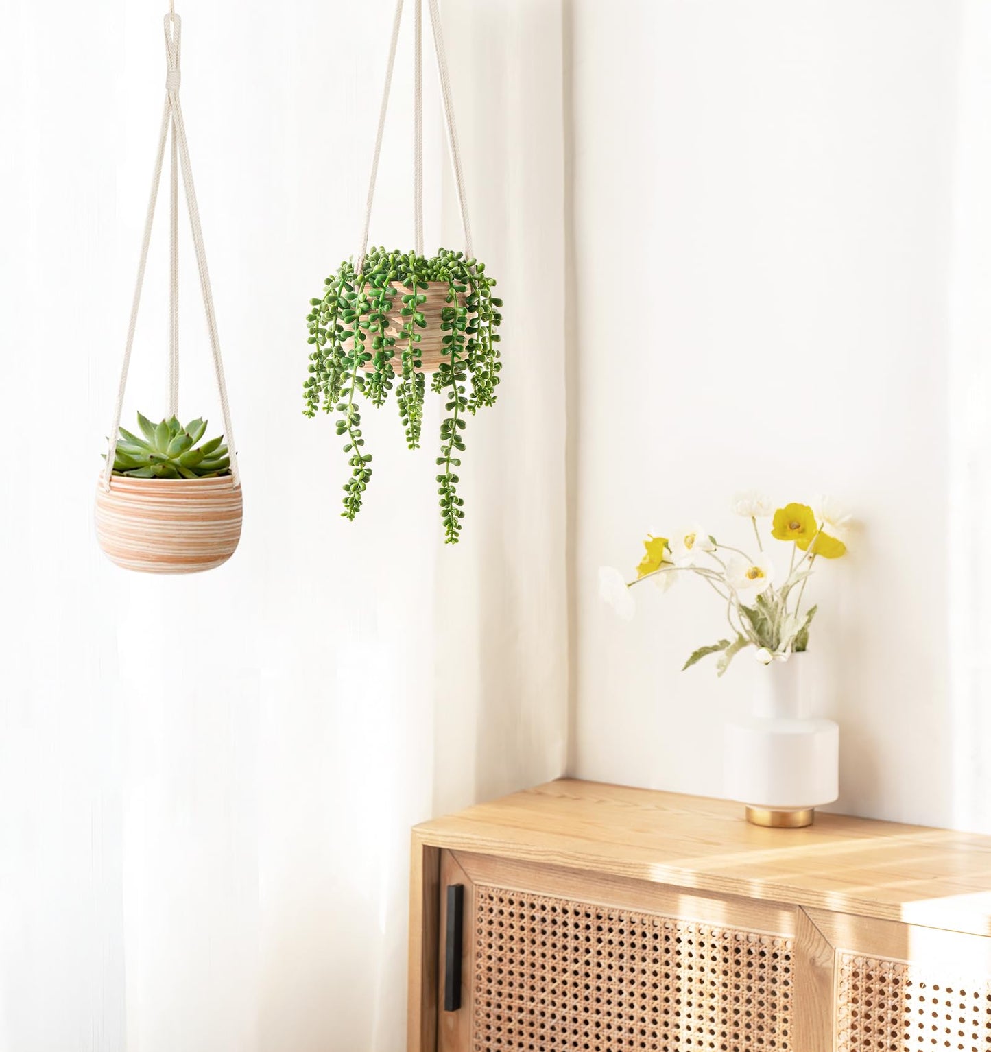 Mkono Ceramic Hanging Planter Macrame Plant Holder 5 Inch Cute Succulent Cactus Pot with Cotton Rope Hanger for Indoor Outdoor Decor, 2 Pack