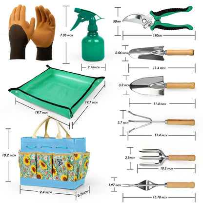 Garden Tool Set, 10 PCS Gardening Essentials, Stainless Steel Garden Hand Tools with Tote Bag, Well-Designed Gardening Supplies Kit Gifts for Women Men Gardeners