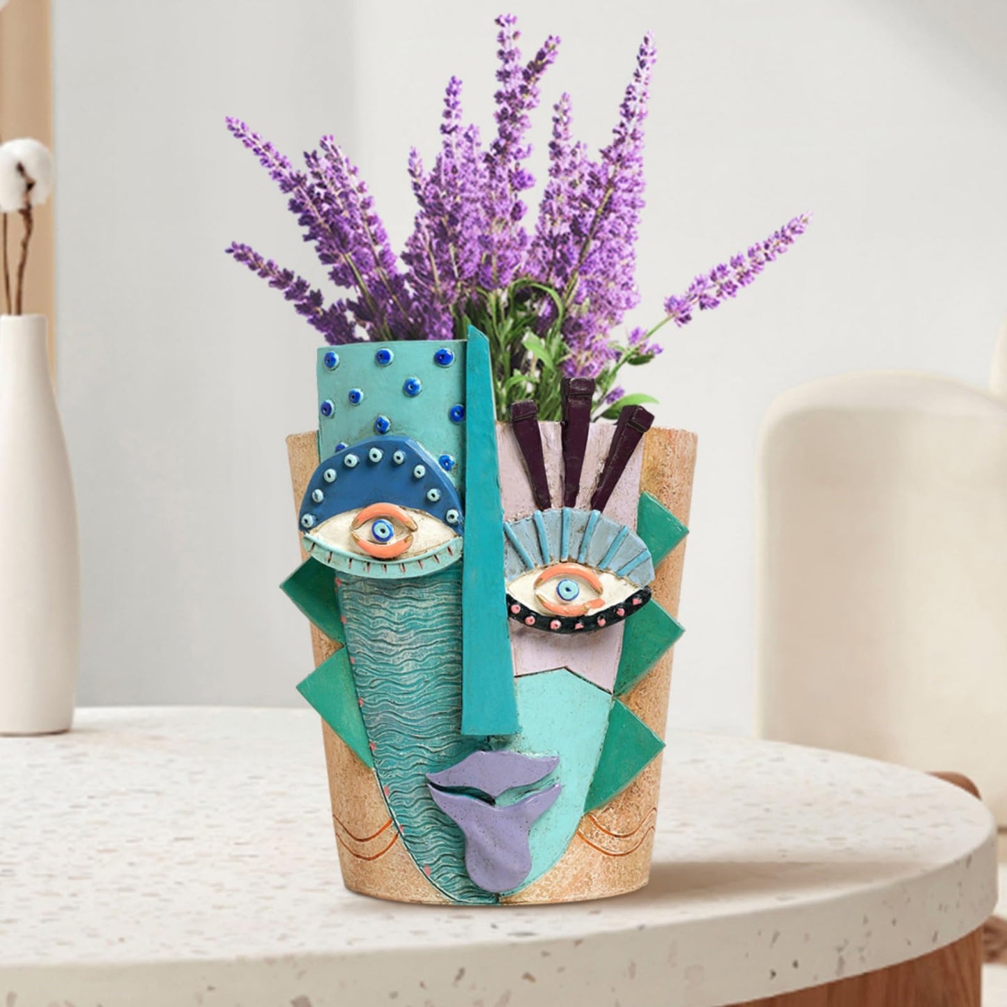 BJVF Picasso Flower Pot/Vase, Unique Planters, Abstract Face Flower Pots, with Drainage Holes, Handcrafted Resin Vases for Artistic Home Décor (Large)