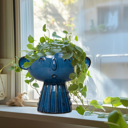 Fivepot Head Planter Pot - 7 Inch Cute Face Planter for Indoor Outdoor Plants Ceramic Succulent Pot Round Flower Pot Present for Mother Christmas with Drainage Hole Blue
