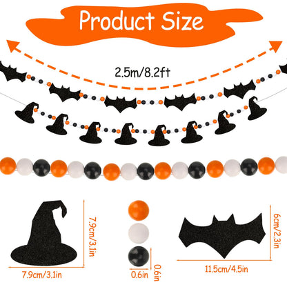 XEFINAL 2 PCS Halloween Felt Bats Witch and Wood Beads Garland Halloween for Mantle Garland Banner Decor Indoor Outdoor Haunted House Decoration